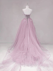 Bridesmaid Dresses Dusty Rose, Pink Straps Tulle Chic Long Party Dress Formal Dress, Pink A-line Prom Dress