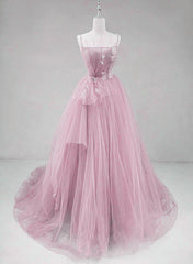 Simple Wedding Dress, Pink Straps Tulle Chic Long Party Dress Formal Dress, Pink A-line Prom Dress