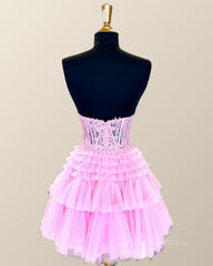 Prom Outfit, Pink Sweetheart Lace and Ruffles Short Tulle Dress