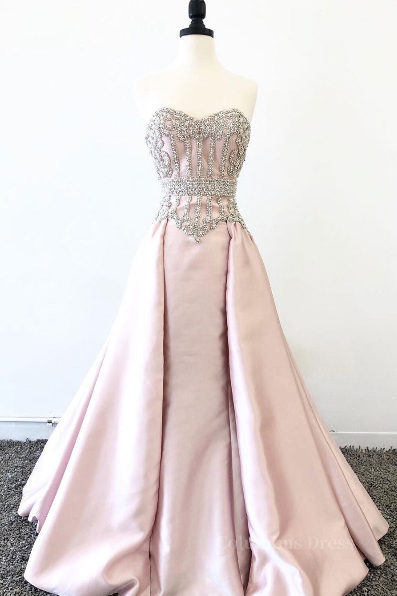 Homecoming Dress Pretty, pink sweetheart neck beads long prom dress, pink evening dress