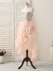 Formal Dresses Short, Pink Sweetheart Neck Rhinestones Organza Prom Dress Pink Homecoming Dresses