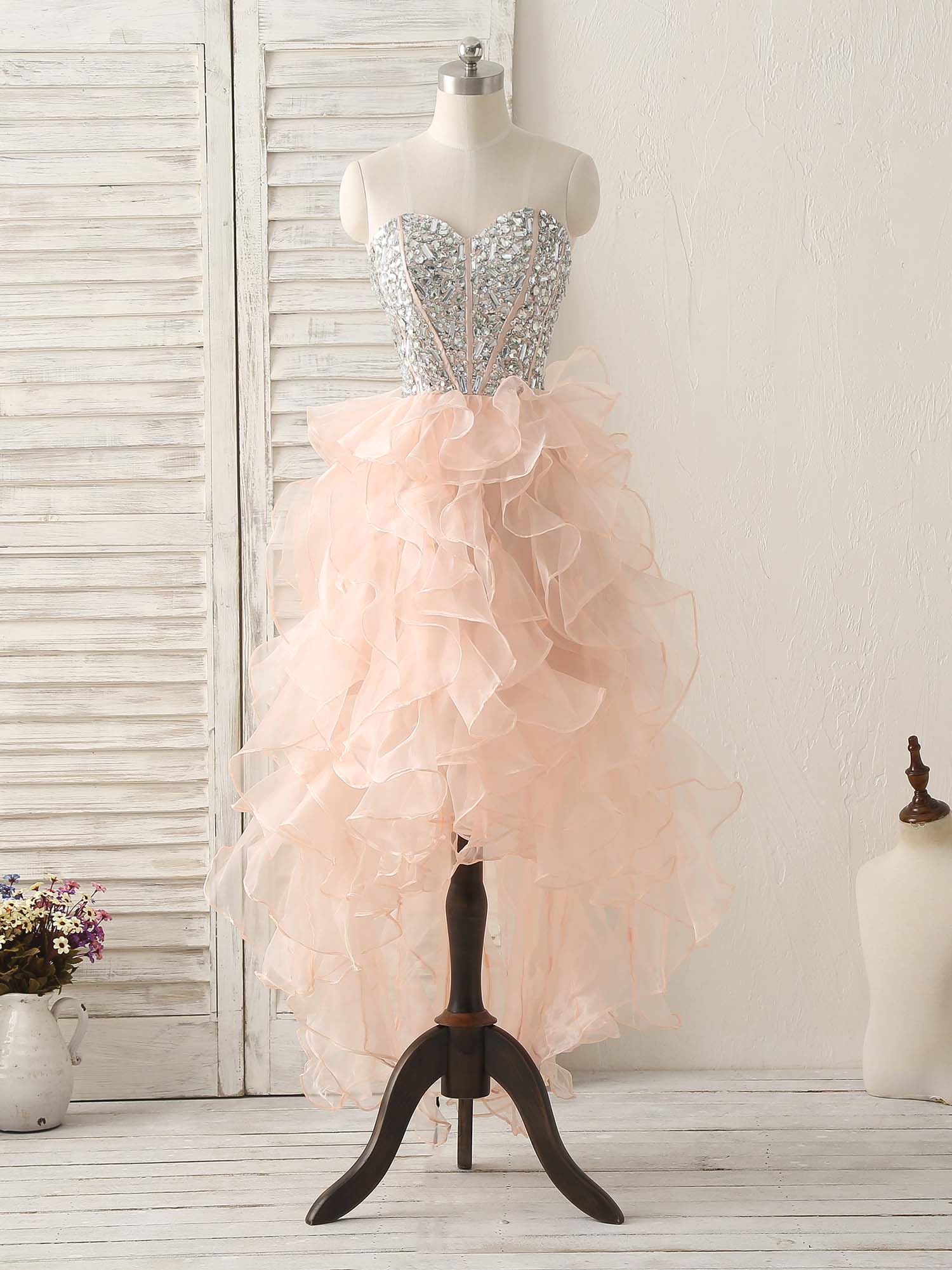 Formal Dress Trends, Pink Sweetheart Neck Rhinestones Organza Prom Dress Pink Homecoming Dresses