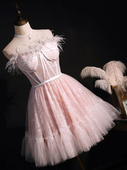 Mother Of The Bride Dress, Pink Sweetheart Neck Tulle Lace Short Prom Dress, Puffy Pink Homecoming Dress