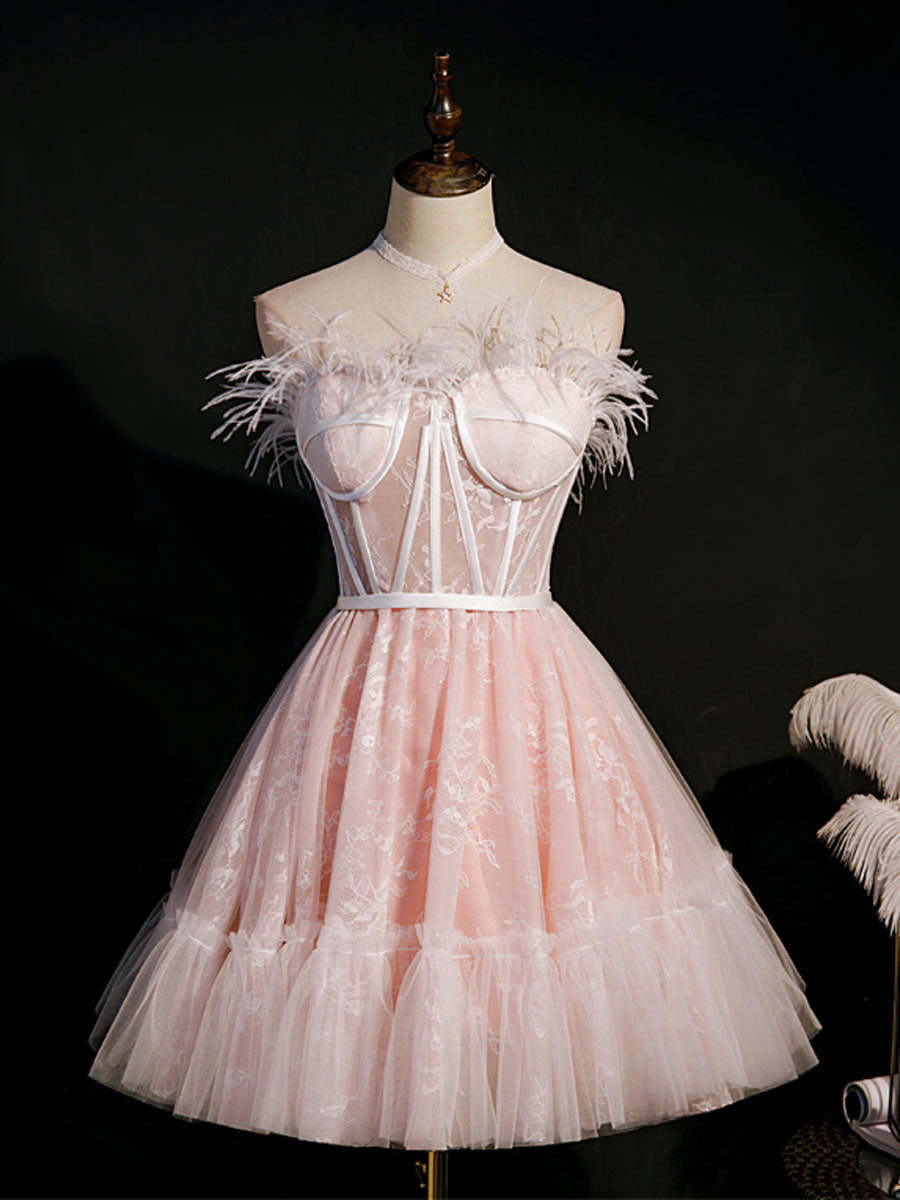 Flower Girl Dress, Pink Sweetheart Neck Tulle Lace Short Prom Dress, Puffy Pink Homecoming Dress