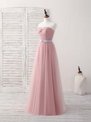 Party Dress Maxi, Pink Sweetheart Neck Tulle Long Prom Dress, Aline Pink Bridesmaid Dress
