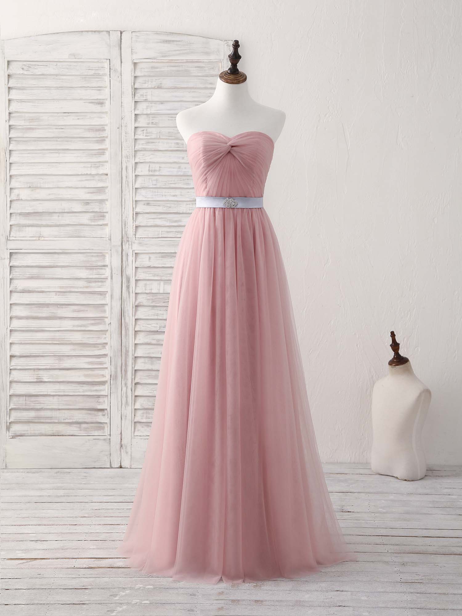 Party Dress Teens, Pink Sweetheart Neck Tulle Long Prom Dress, Aline Pink Bridesmaid Dress