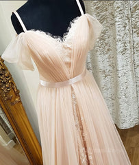 Evening Dresses Green, Pink sweetheart neck tulle long prom dress, pink evening dress