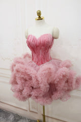 Simple Prom Dress, Pink Sweetheart Neck Tulle Party Dress, A Line Short Prom Dress with Feather