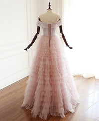 Prom Dress Design, Pink Sweetheart Off Shoulder Tulle Long Prom Dress Pink Evening Dress