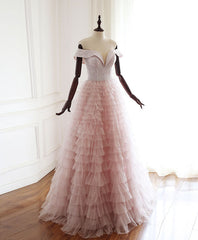 Prom Dress Designers, Pink Sweetheart Off Shoulder Tulle Long Prom Dress Pink Evening Dress