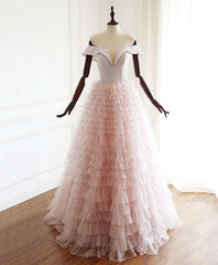 Prom Dress Designer, Pink Sweetheart Off Shoulder Tulle Long Prom Dress Pink Evening Dress