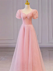 Evening Dress Gold, Pink Sweetheart Short Sleeves Long A-line Prom Dress, Pink Evening Gowns