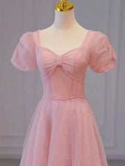 Evening Dresses Yellow, Pink Sweetheart Short Sleeves Long A-line Prom Dress, Pink Evening Gowns
