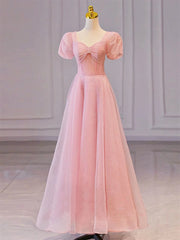 Evening Dresses Suits, Pink Sweetheart Short Sleeves Long A-line Prom Dress, Pink Evening Gowns