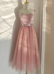 Wedding Dresse Lace, Pink Tea Length Sweetheart Tulle Party Dresses, Pink Wedding Party Dresses