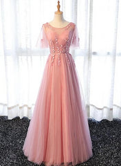 Prom Dress Red, Pink Tulle A-line Long Party Dress, Pink Bridesmaid Dress