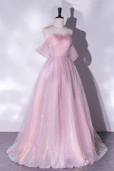 Blue Dress, Pink Tulle and Sequins Sweetheart Long Party Dress, A-line Pink Prom Dress