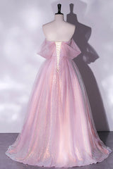 Evening Dress Elegant, Pink Tulle and Sequins Sweetheart Long Party Dress, A-line Pink Prom Dress