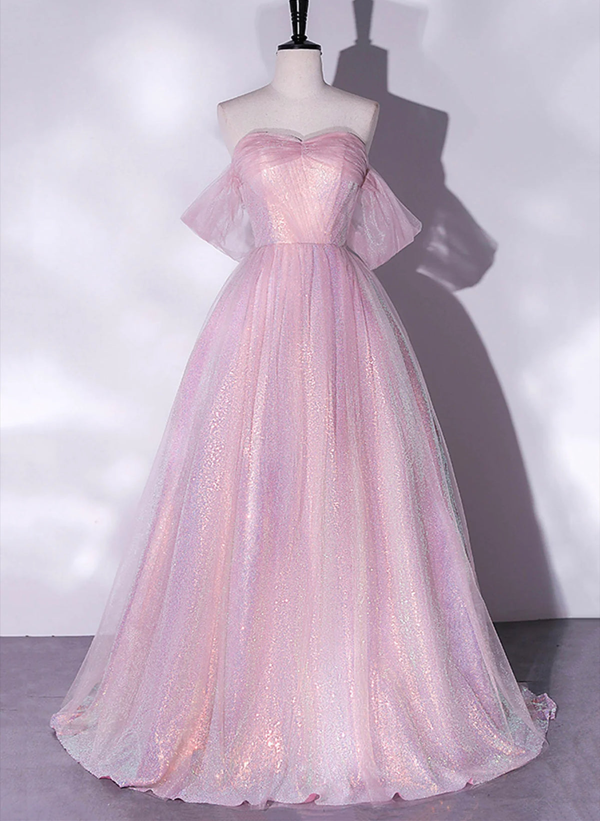 Long Dress, Pink Tulle and Sequins Sweetheart Long Party Dress, A-line Pink Prom Dress