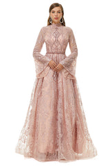 Dressy Outfit, Pink Tulle Appliques High Neck Long Sleeve Beading Prom Dresses