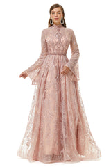Modest Dress, Pink Tulle Appliques High Neck Long Sleeve Beading Prom Dresses