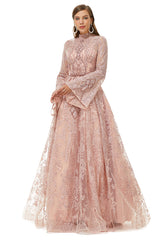 Club Outfit For Women, Pink Tulle Appliques High Neck Long Sleeve Beading Prom Dresses