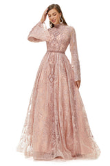 Prom Dress Pink, Pink Tulle Appliques High Neck Long Sleeve Beading Prom Dresses