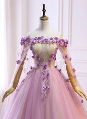 Bridesmaid Dress Pink, Pink Tulle Ball Gown Flowers Long Sweet 16 Dress, Pink Tulle Formal Dress