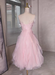 Bridesmaid Dresses With Sleeves, Pink Tulle Beaded Low Back Short Party Dress, Pink Tulle Homecoming Dress