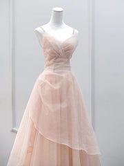 Blue Bridesmaid Dress, Pink Tulle Beaded Straps Long Prom Dress, A-line Pink Tulle Party Dress