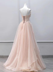 Pink Bridesmaid Dress, Pink Tulle Beaded Straps Long Prom Dress, A-line Pink Tulle Party Dress