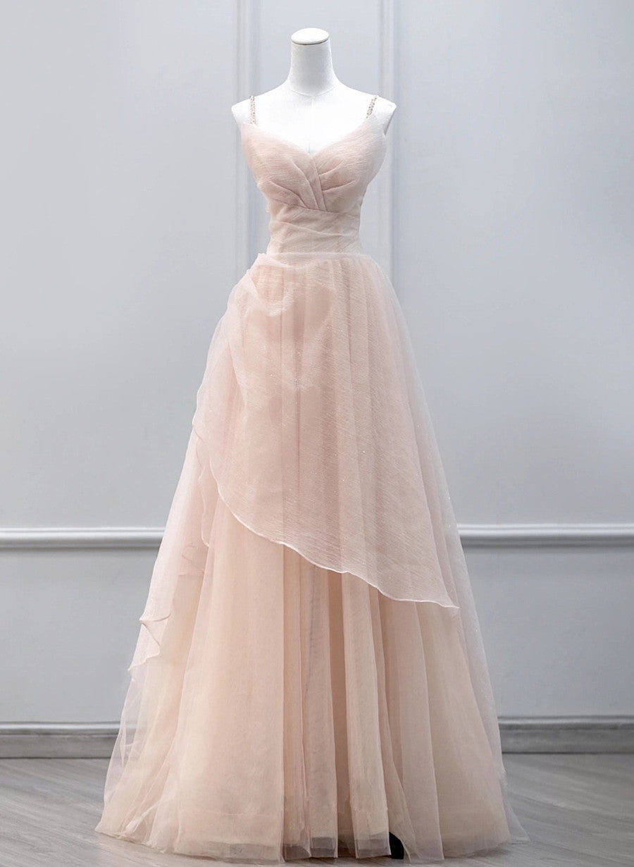 Bridesmaid, Pink Tulle Beaded Straps Long Prom Dress, A-line Pink Tulle Party Dress