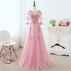 Bridesmaid Dresses Quick Shipping, Pink Tulle Elegant Party Dress with Lace, Pink A-line Formal Dress Bridesmaid Dress
