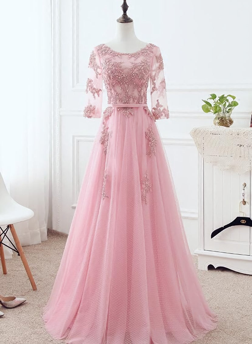 Bridesmaid Dress Shops Near Me, Pink Tulle Elegant Party Dress with Lace, Pink A-line Formal Dress Bridesmaid Dress