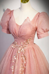 Bridesmaid Dresses Designer, Pink Tulle Floor Length Prom Dress, Cute Short Sleeve Evening Dress