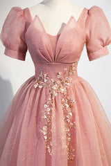 Bridesmaid Dress Designs, Pink Tulle Floor Length Prom Dress, Cute Short Sleeve Evening Dress