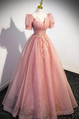 Bridesmaid Dresses Designs, Pink Tulle Floor Length Prom Dress, Cute Short Sleeve Evening Dress