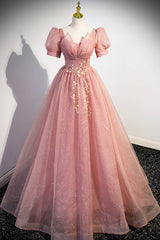 Bridesmaid Dresses Design, Pink Tulle Floor Length Prom Dress, Cute Short Sleeve Evening Dress