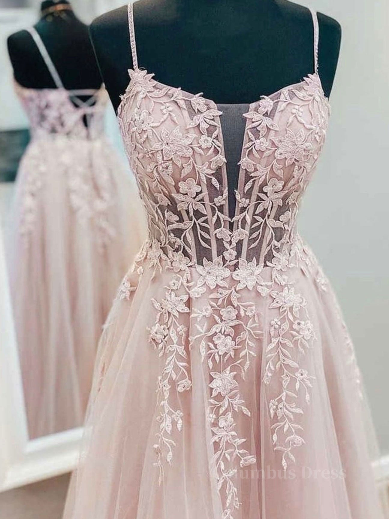 Prom Dress Guide, Pink tulle lace A line long prom dress, pink lace evening dress