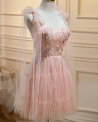 Evening Dress For Wedding Guest, Pink Tulle Lace and Flowers Short Homecoming Dress, Cute Pink Party Dress