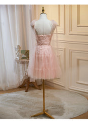 Evening Dresses For Wedding Guest, Pink Tulle Lace and Flowers Short Homecoming Dress, Cute Pink Party Dress