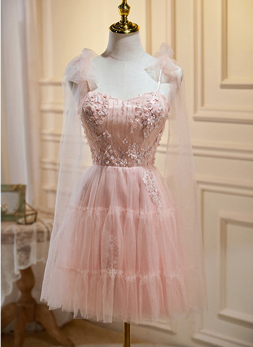 Evenning Dress For Wedding Guest, Pink Tulle Lace and Flowers Short Homecoming Dress, Cute Pink Party Dress