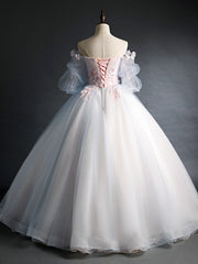 Formal Dresses On Sale, Pink Tulle Lace Applique Long Prom Dress, Tulle Lace Sweet 16 Dress
