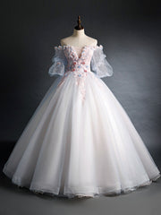 Formal Dresses Long Sleeve, Pink Tulle Lace Applique Long Prom Dress, Tulle Lace Sweet 16 Dress