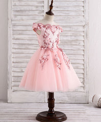 Wedding Guest Dress Summer, Pink Tulle Lace Applique Short Flower Girl Dresses