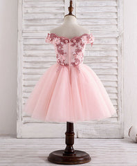 Summer Wedding Guest Dress, Pink Tulle Lace Applique Short Flower Girl Dresses