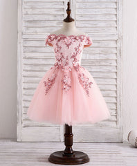 102 Prom Dress, Pink Tulle Lace Applique Short Flower Girl Dresses