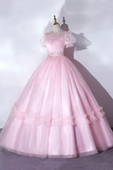 Prom Dresses 2030 Blue, Pink Tulle Lace Long Prom Dress, Lovely A-Line Short Sleeve Evening Dress