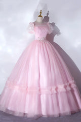 Prom Dresses Modest, Pink Tulle Lace Long Prom Dress, Lovely A-Line Short Sleeve Evening Dress