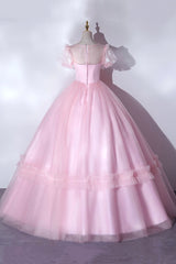 Prom Dresses Curvy, Pink Tulle Lace Long Prom Dress, Lovely A-Line Short Sleeve Evening Dress